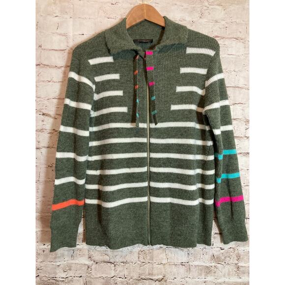 Renuar Sweater Womens Large Full Zip Front Olive Green Striped Collared Stretch - Picture 1 of 13